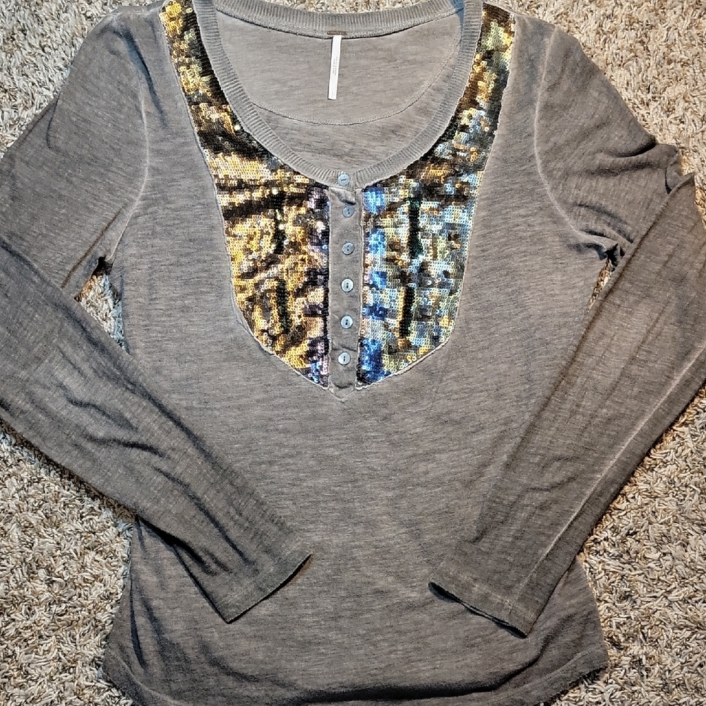 Free People Gray Sequin Embellished Women's Top